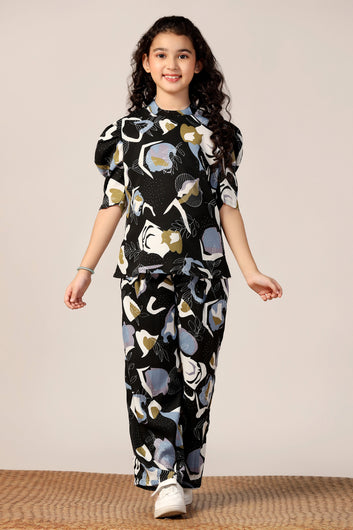Girl's Black Reyon abstract Printed Clothing Set for Girls