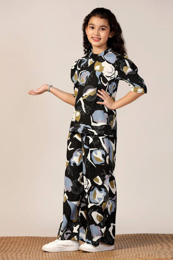Girl's Black Reyon abstract Printed Clothing Set for Girls