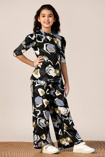 Girl's Black Reyon abstract Printed Clothing Set for Girls