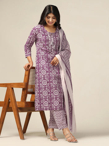 Womens Purple Cotton Floral Printed Calf Length Kurta And Pant With Dupatta Set