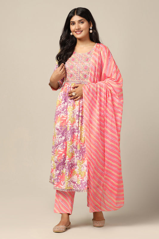 Womens Peach Cotton All-Over Printed Calf Length Kurta And Pant With Dupatta Set