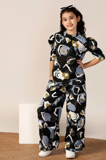 Girl's Black Reyon abstract Printed Clothing Set for Girls