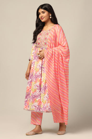 Womens Peach Cotton All-Over Printed Calf Length Kurta And Pant With Dupatta Set