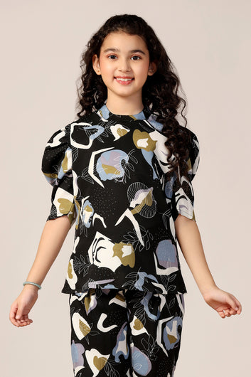 Girl's Black Reyon abstract Printed Clothing Set for Girls