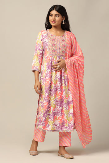 Womens Peach Cotton All-Over Printed Calf Length Kurta And Pant With Dupatta Set