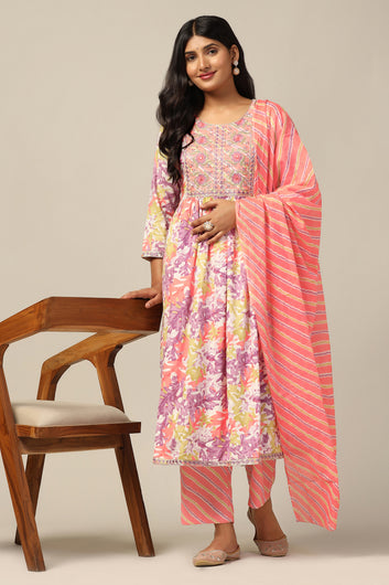 Womens Peach Cotton All-Over Printed Calf Length Kurta And Pant With Dupatta Set