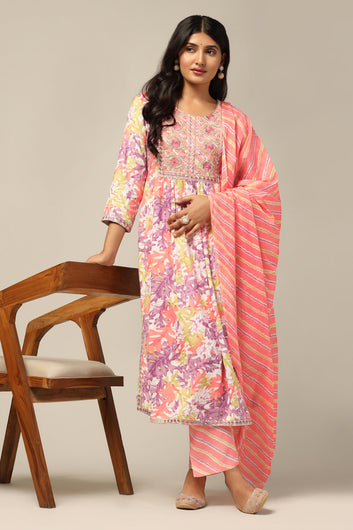 Womens Peach Cotton All-Over Printed Calf Length Kurta And Pant With Dupatta Set