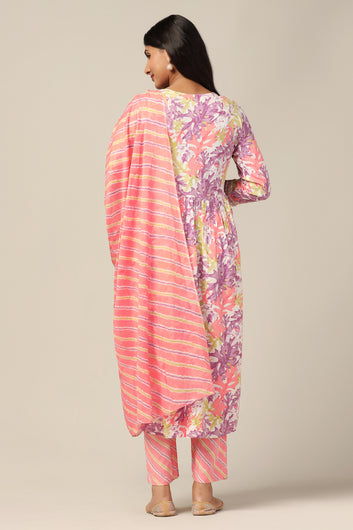 Womens Peach Cotton All-Over Printed Calf Length Kurta And Pant With Dupatta Set