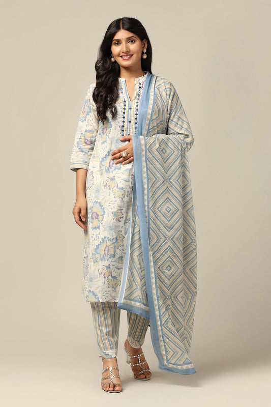 Womens Off White Cotton All-Over Printed Calf Length Kurta And Pant With Dupatta Set