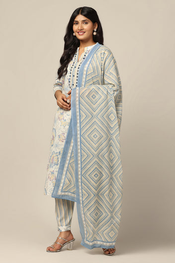 Womens Off White Cotton All-Over Printed Calf Length Kurta And Pant With Dupatta Set