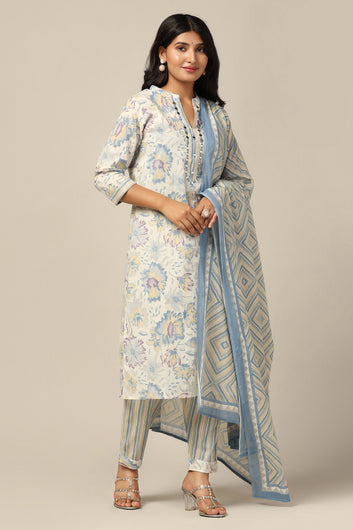 Womens Off White Cotton All-Over Printed Calf Length Kurta And Pant With Dupatta Set