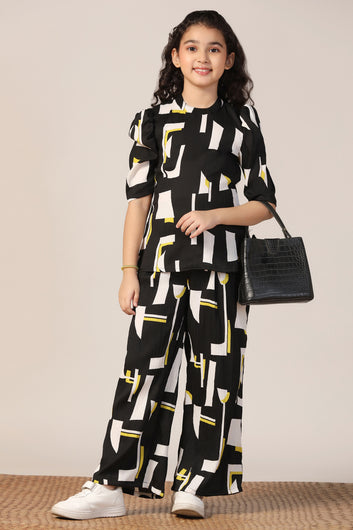 Girl's Black Reyon abstract Printed Clothing Set for Girls