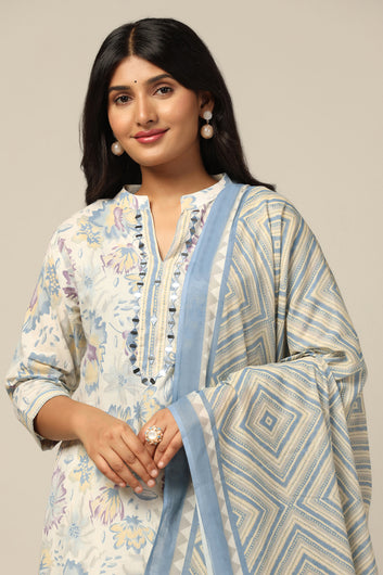 Womens Off White Cotton All-Over Printed Calf Length Kurta And Pant With Dupatta Set