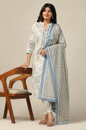 Womens Off White Cotton All-Over Printed Calf Length Kurta And Pant With Dupatta Set