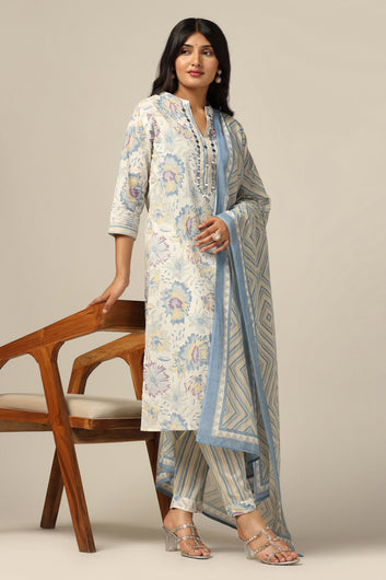 Womens Off White Cotton All-Over Printed Calf Length Kurta And Pant With Dupatta Set