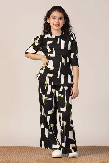 Girl's Black Reyon abstract Printed Clothing Set for Girls