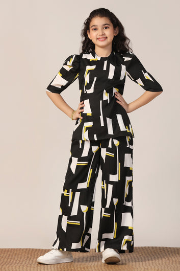 Girl's Black Reyon abstract Printed Clothing Set for Girls