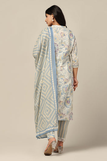 Womens Off White Cotton All-Over Printed Calf Length Kurta And Pant With Dupatta Set