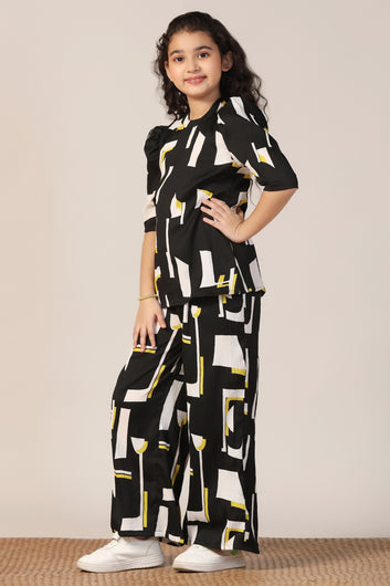 Girl's Black Reyon abstract Printed Clothing Set for Girls