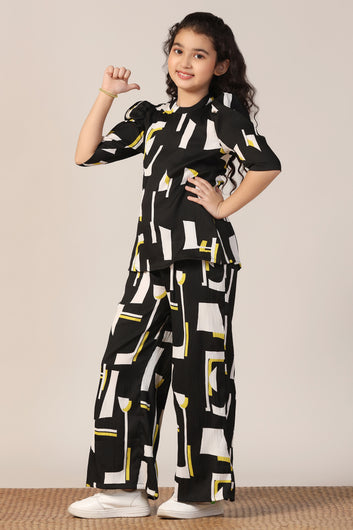 Girl's Black Reyon abstract Printed Clothing Set for Girls