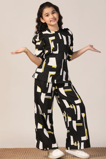 Girl's Black Reyon abstract Printed Clothing Set for Girls
