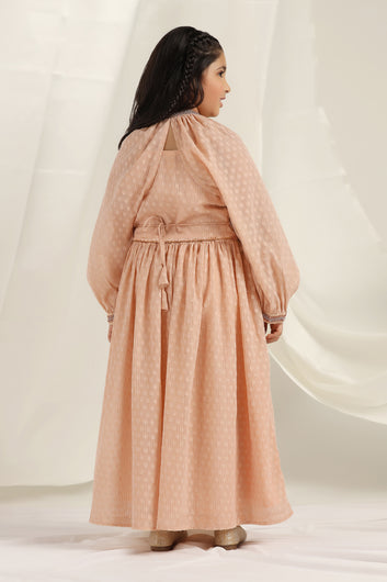 Girls Peach Maxi Length Fit And Flare Dobby Weave Dresses