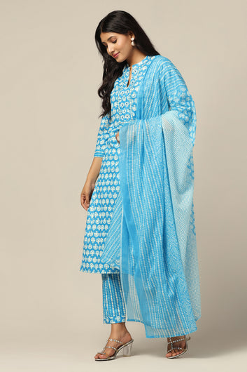 Womens Blue Cotton All-Over Printed Calf Length Kurta And Pant With Dupatta Set