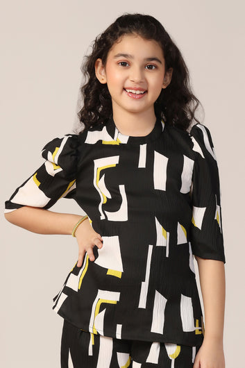 Girl's Black Reyon abstract Printed Clothing Set for Girls