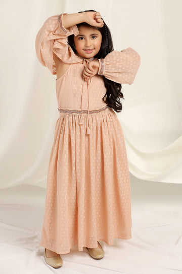 Girls Peach Maxi Length Fit And Flare Dobby Weave Dresses With Embellished Belt