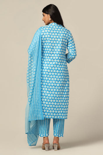 Womens Blue Cotton All-Over Printed Calf Length Kurta And Pant With Dupatta Set