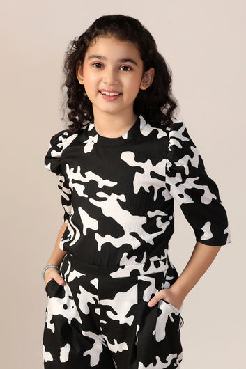 Girl's Black Reyon abstract Printed Clothing Set for Girls