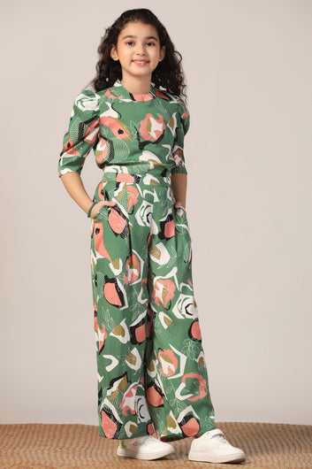 Girl's Mehndi Reyon abstract Printed Clothing Set for Girls