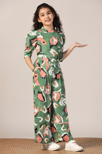 Girl's Mehndi Reyon abstract Printed Clothing Set for Girls