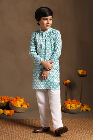 Boys Blue Cotton Blend Digital Geometric Printed Straight Kurta With Payjama Set