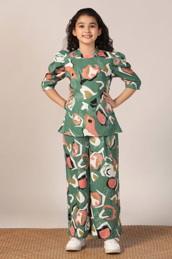 Girl's Mehndi Reyon abstract Printed Clothing Set for Girls