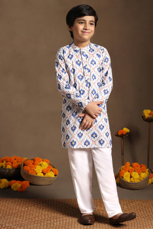 Boys Blue Cotton Blend Digital Geometric Printed Straight Kurta With Payjama Set