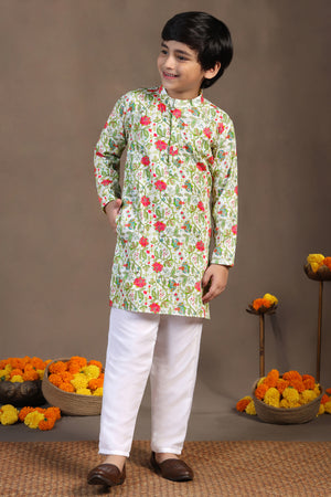Boys Green Cotton Blend Digital Geometric Printed Straight Kurta With Payjama Set