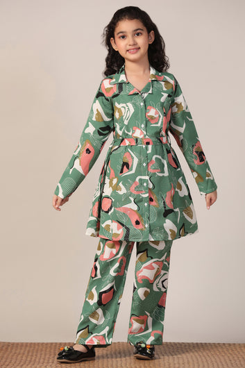 Girl's Mehndi Reyon abstract Printed Clothing Set for Girls