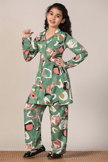 Girl's Mehndi Reyon abstract Printed Clothing Set for Girls