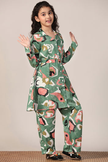 Girl's Mehndi Reyon abstract Printed Clothing Set for Girls
