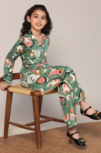 Girl's Mehndi Reyon abstract Printed Clothing Set for Girls