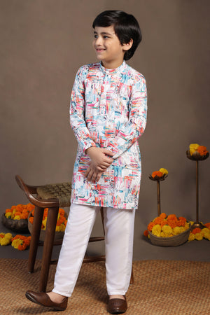 Boys Multicolor Cotton Blend Digital Geometric Printed Straight Kurta With Payjama Set