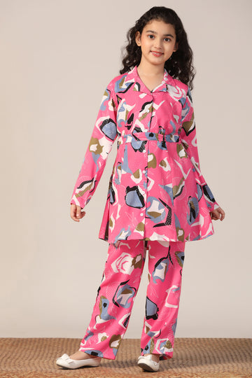 Girl's Pink Reyon abstract Printed Clothing Set for Girls