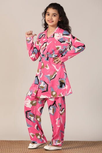 Girl's Pink Reyon abstract Printed Clothing Set for Girls