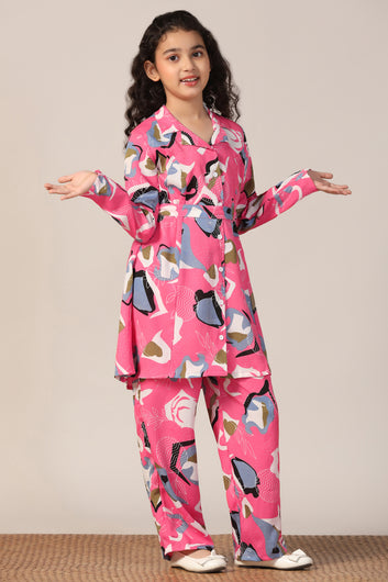 Girl's Pink Reyon abstract Printed Clothing Set for Girls