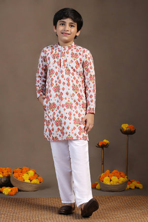 Boys Maroon Cotton Blend Digital Geometric Printed Straight Kurta With Payjama Set