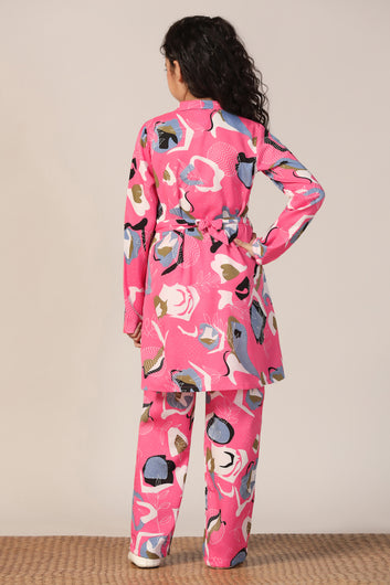 Girl's Pink Reyon abstract Printed Clothing Set for Girls