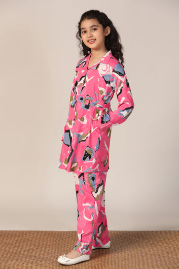 Girl's Pink Reyon abstract Printed Clothing Set for Girls