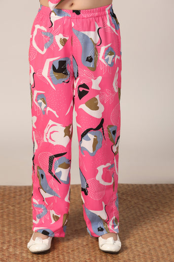 Girl's Pink Reyon abstract Printed Clothing Set for Girls