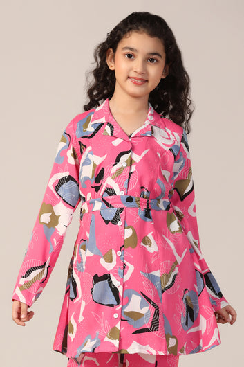 Girl's Pink Reyon abstract Printed Clothing Set for Girls